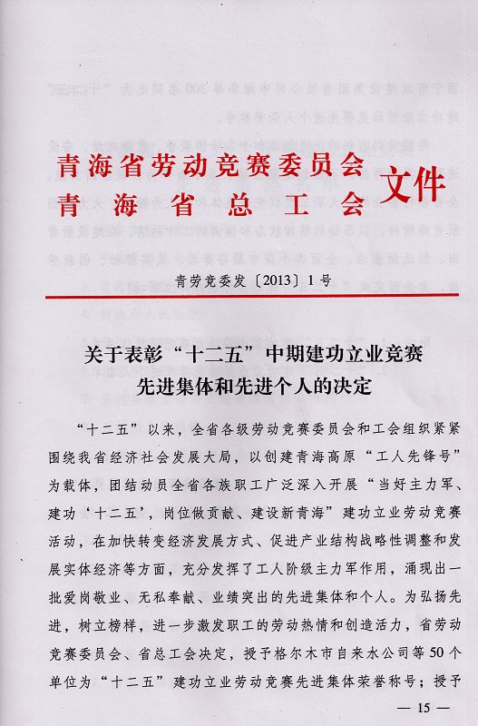 梁世忠同志荣获青海省“十二五”建功立业劳动竞赛“先进个人”荣誉称号